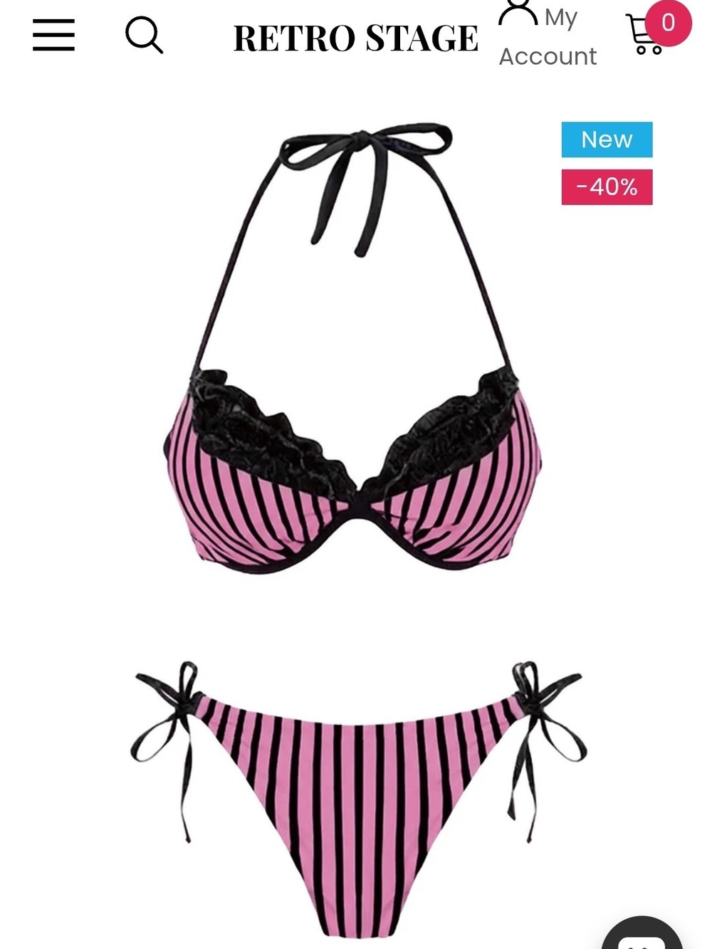Pink & Black Striped Halter Bikini Set